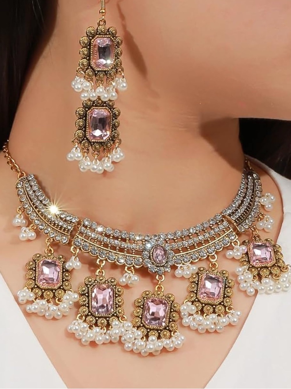 Antique Pink CZ and Pearl Statement Necklace And Earring Set